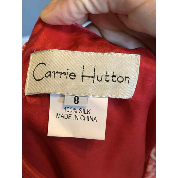 Carrie Hutton Vintage 100% Silk Pink Red Floral Cap Sleeve Midi Dress, size 8 - Picture 4 of 4